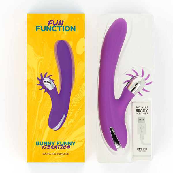 Δονητής Hi-Tech Fun Function Bunny Funny Vibration 2.0 με διεγερτή κλειτορίδας επαναφορτιζόμενος με USB, υποαλλεργικός, αδιάβροχος, εργονομικός, χωρίς φθαλικα.